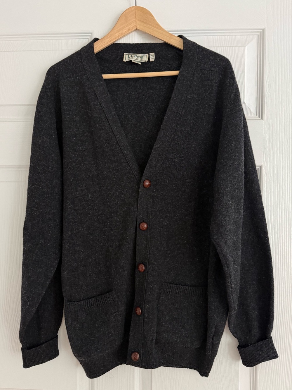 Vintage L.L. Bean Dark Charcoal Wool Button-Front Cardigan (M - Tall)